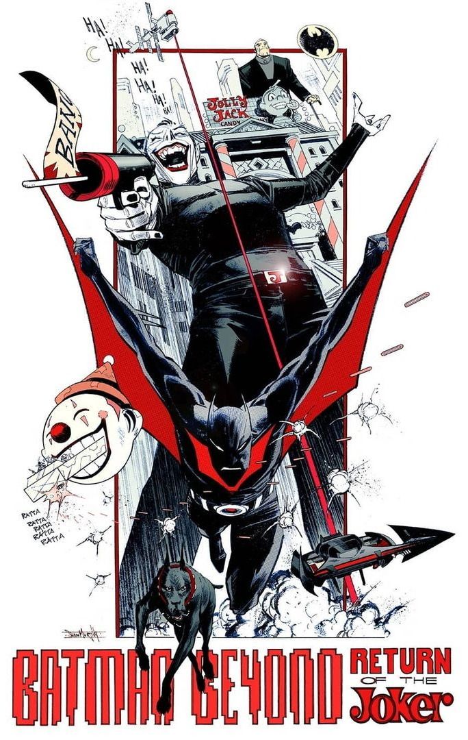 the poster for batman's return to jokerland is shown in red and black