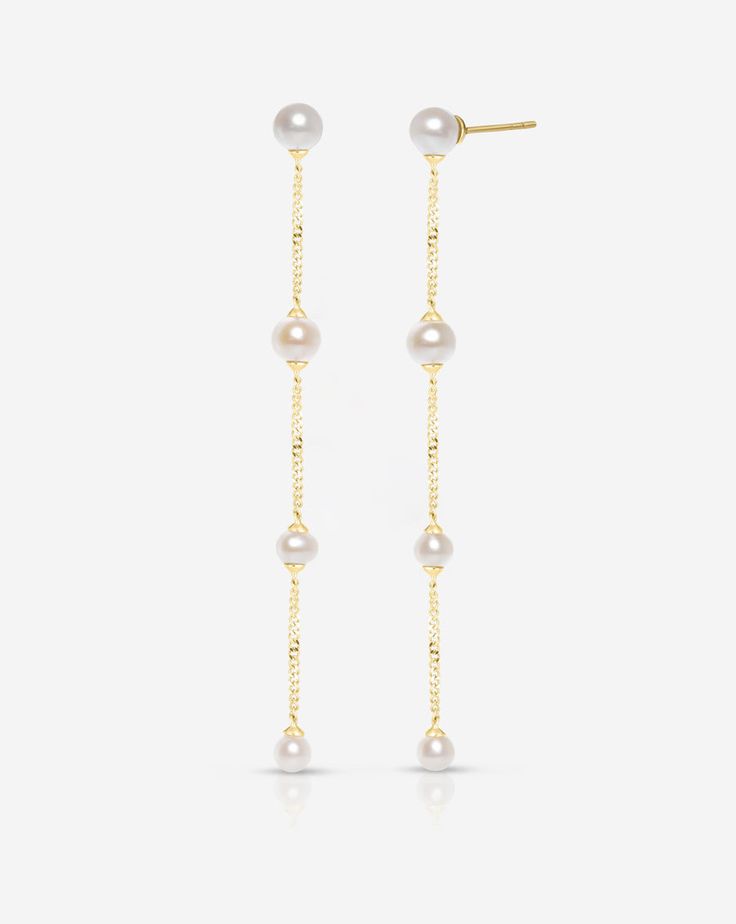 Pearl Station Drop Earrings – Ring Concierge White Pearl Chain Earrings For Evening, Elegant Pearl White Earrings With Pearl Chain, Elegant Pearl White Pearl Chain Earrings, Formal Bridal Earrings With Pearl Chain, Formal Bridal Pearl Chain Earrings, Akoya Pearl Drop Earrings In Pearl White, Elegant Long Drop Pearl Earrings With Pearl Charm, Pearl White Akoya Pearl Earrings With Pearl Chain, Elegant Drop Pearl Chain Earrings