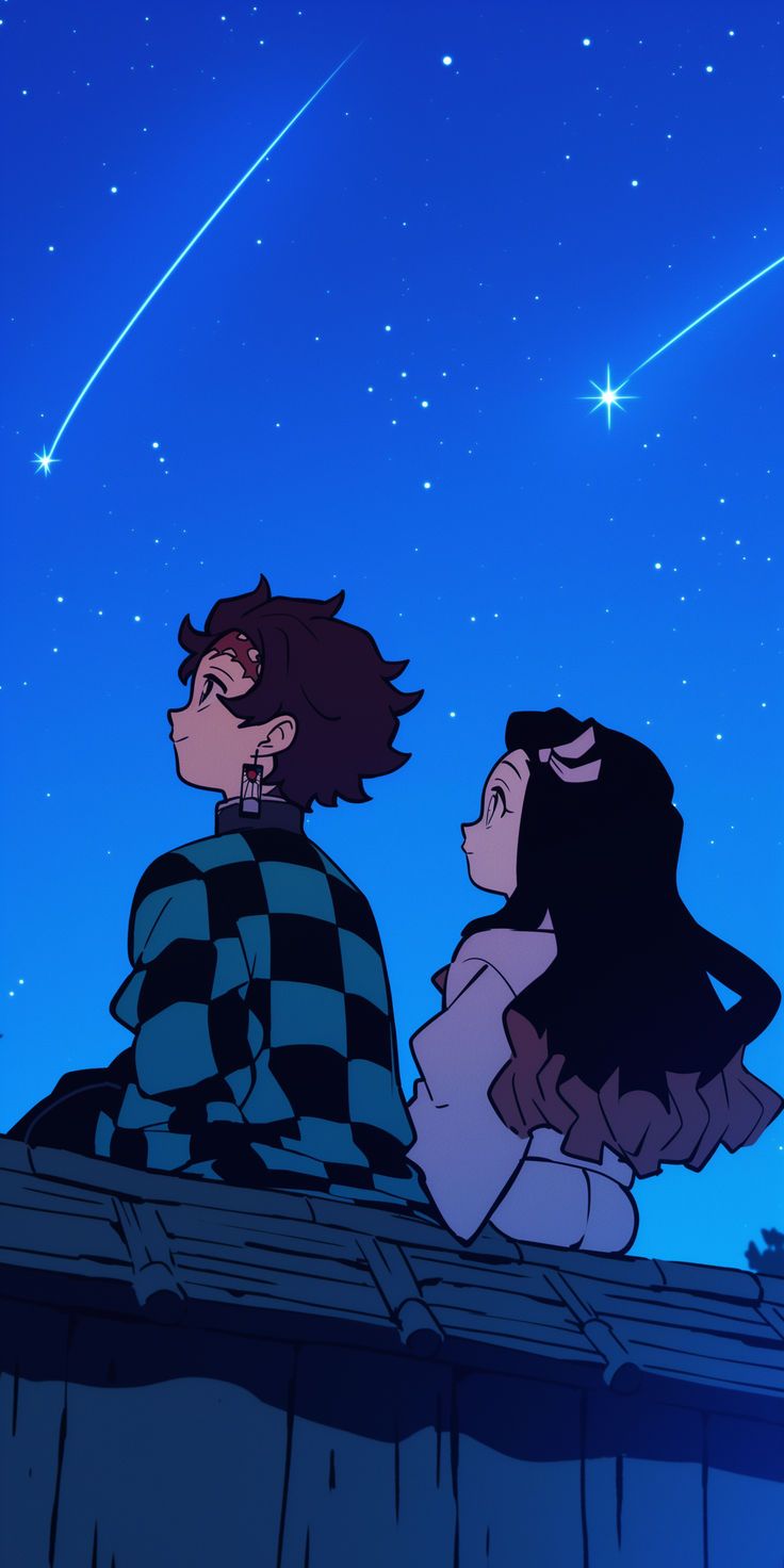 two people sitting on top of a roof looking at the stars