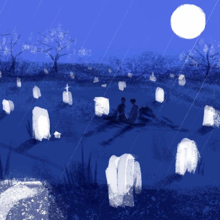 two people sitting on the ground in front of tombstones under a full moon at night