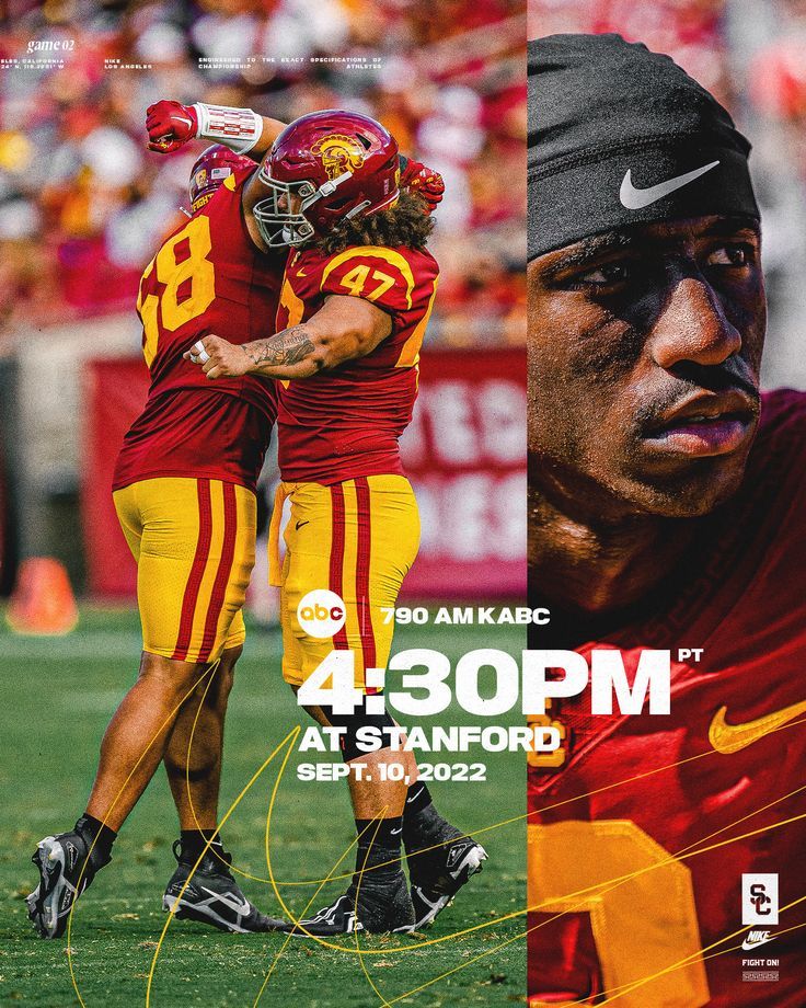 two football players hugging each other in front of a stadium full of fans and the words 4 30pm at stanford