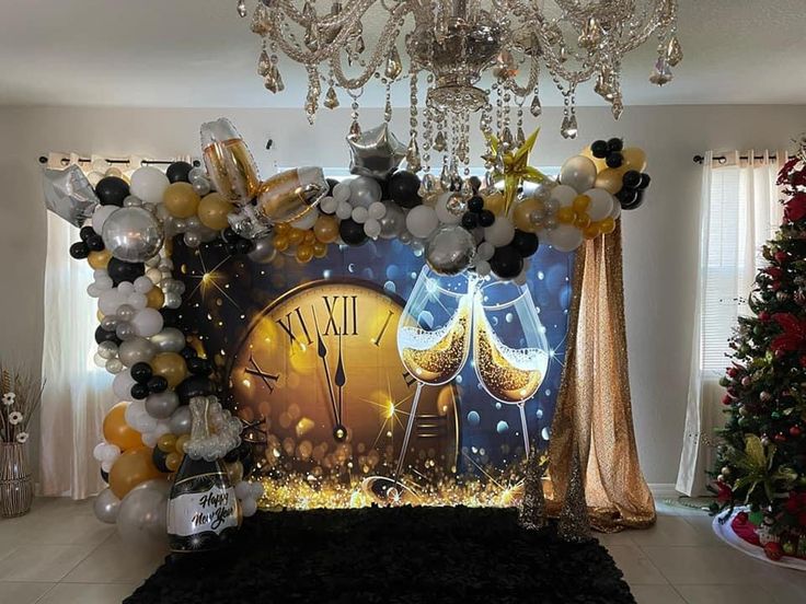 a room decorated for christmas with balloons, lights and a clock on the wall that says new year