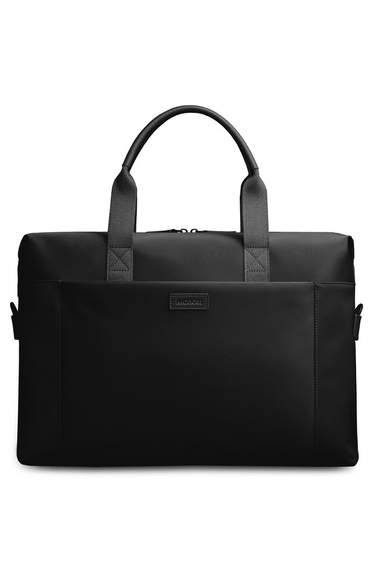 This multipurpose duffle is perfect for everyday travel�from daily commutes to weekend escapes�with a sleek, water-repellent profile. The roomy interior is designed to keep all your essentials organized, with inner side pockets that allow access to your water bottle or compact umbrella. Top zip closure Top carry handles; removable shoulder strap Trolley sleeve Exterior zip and slip pockets Laptop sleeve fits most 15" laptops Interior zip, slip and wall pockets; laptop sleeve Scratch-resistant; w Travel Nylon Laptop Bag, Modern Nylon Briefcase With Luggage Sleeve, Business Nylon Travel Bag, Nylon Briefcase With Luggage Sleeve For Business, Business Briefcase With Luggage Sleeve In Nylon, Functional Nylon Travel Bag For Business, Functional Business Nylon Travel Bag, Functional Nylon Business Travel Bag, Black Waterproof Weekender Bag For Travel