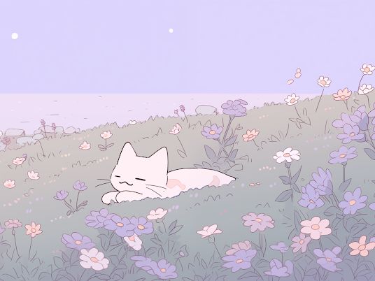 a white cat laying in the middle of a field of flowers and daisies on a purple background