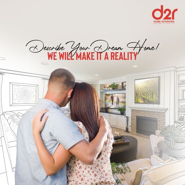 a man and woman embracing each other in front of a living room with the words, describe your dream home we will make it a reality