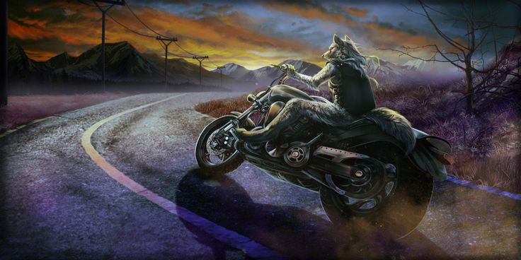 a man riding on the back of a motorcycle down a road at night with mountains in the background