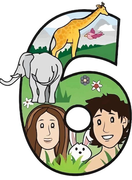 the number six has an image of people and animals on it, including a giraffe