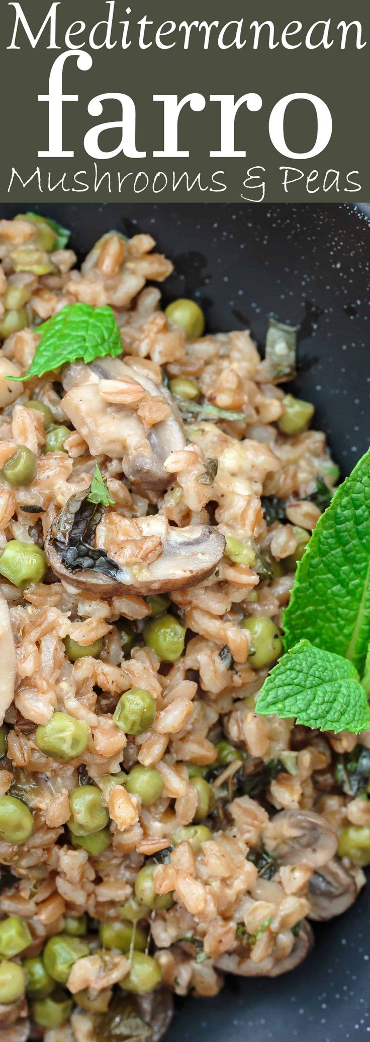 mushroom and pea fried rice in a skillet with mint sprigs on the side