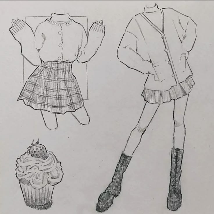 a drawing of a woman standing next to a cupcake with her hands on her hips