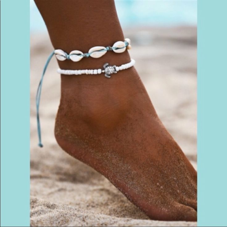 Anklet Set Of 2! One Is Blue Macrame Cord Adorned With Shells; Pull Closure. One Is Elastic With Mottled White Beads And Turtle Charm. New From Package. A Five Star Rated Item! White Ankle Wrap Anklets For Beach, Adjustable White Anklets For Beach Season, White Anklets For Beach Season, Blue Anklets For Beach Season, Casual Blue Anklet For Beach Season, White Anklets For Beach Season Vacation, Trendy White Summer Anklets, White Trendy Anklets For Summer, Blue Casual Anklets For Vacation