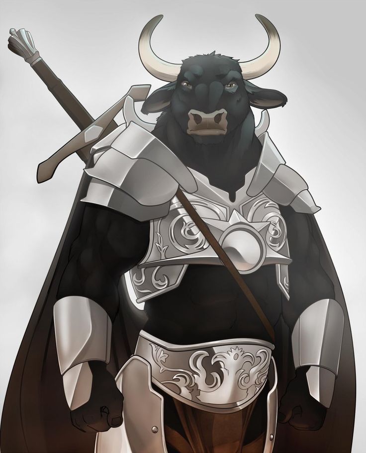 a bull dressed in armor and holding two swords