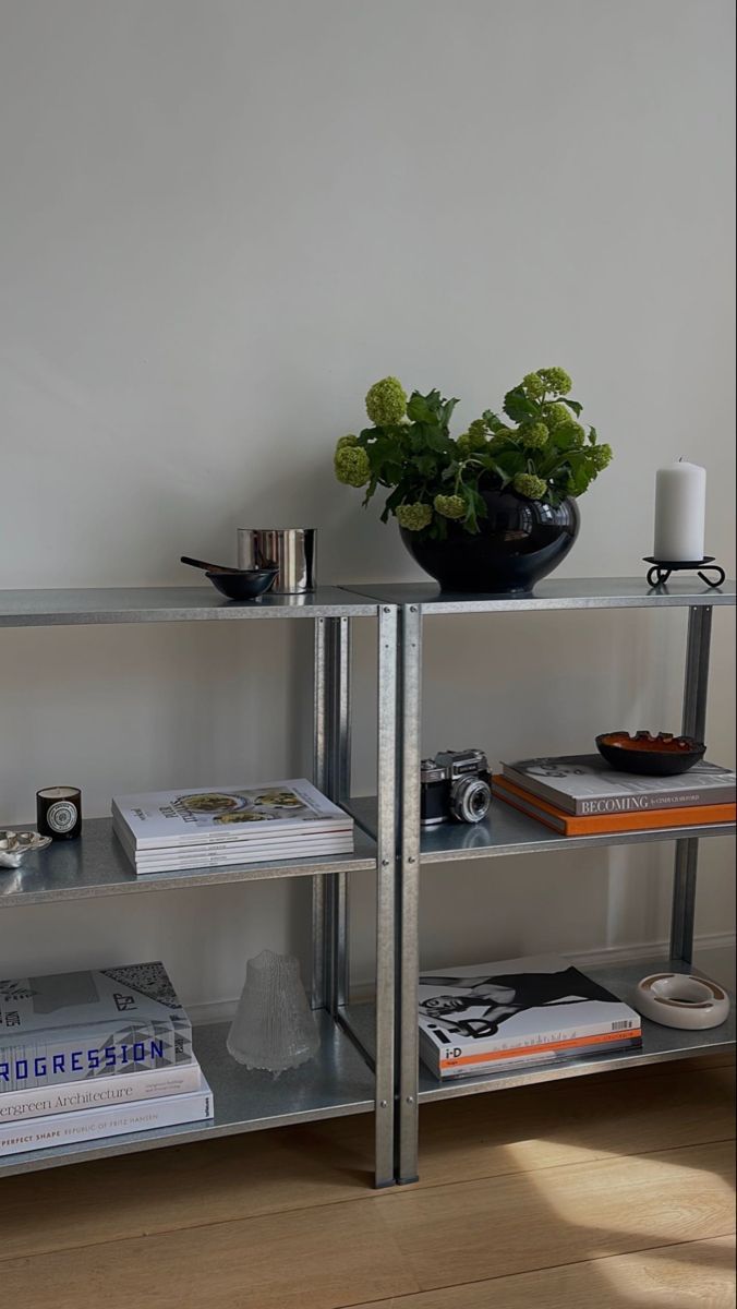 a metal shelf with books and plants on it