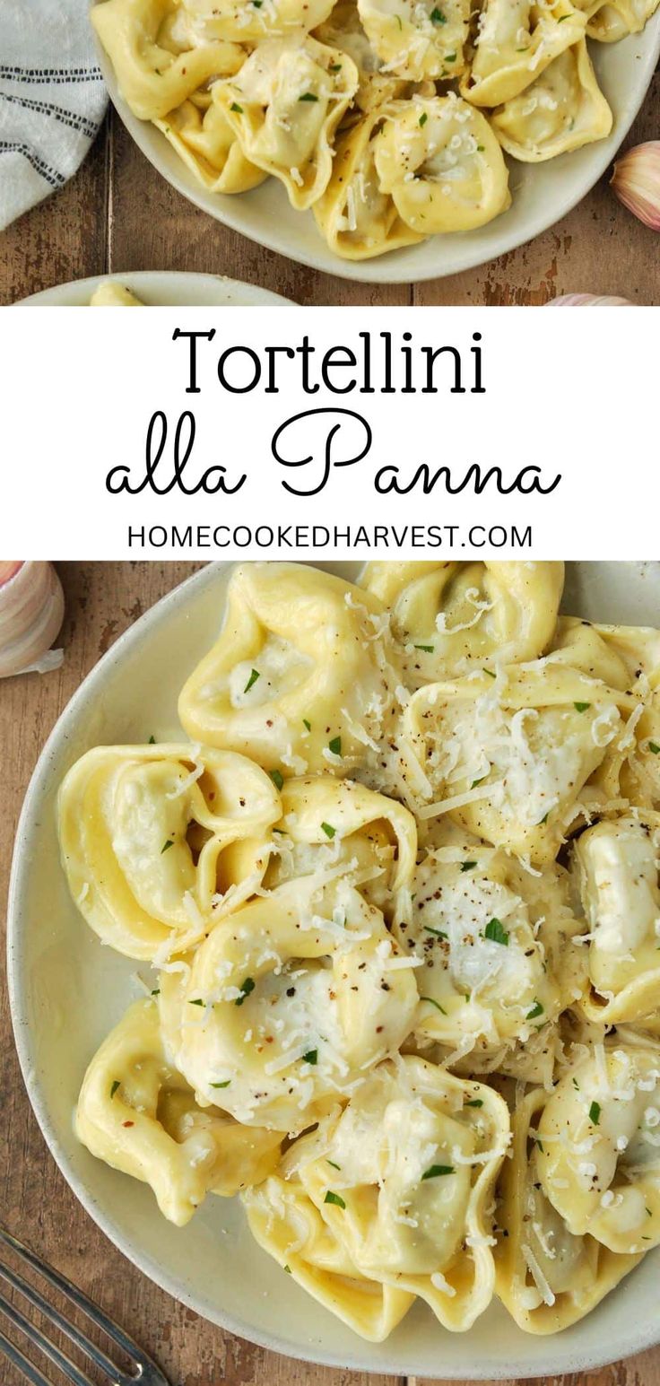 two plates filled with tortelli alla glama pasta on top of a wooden table