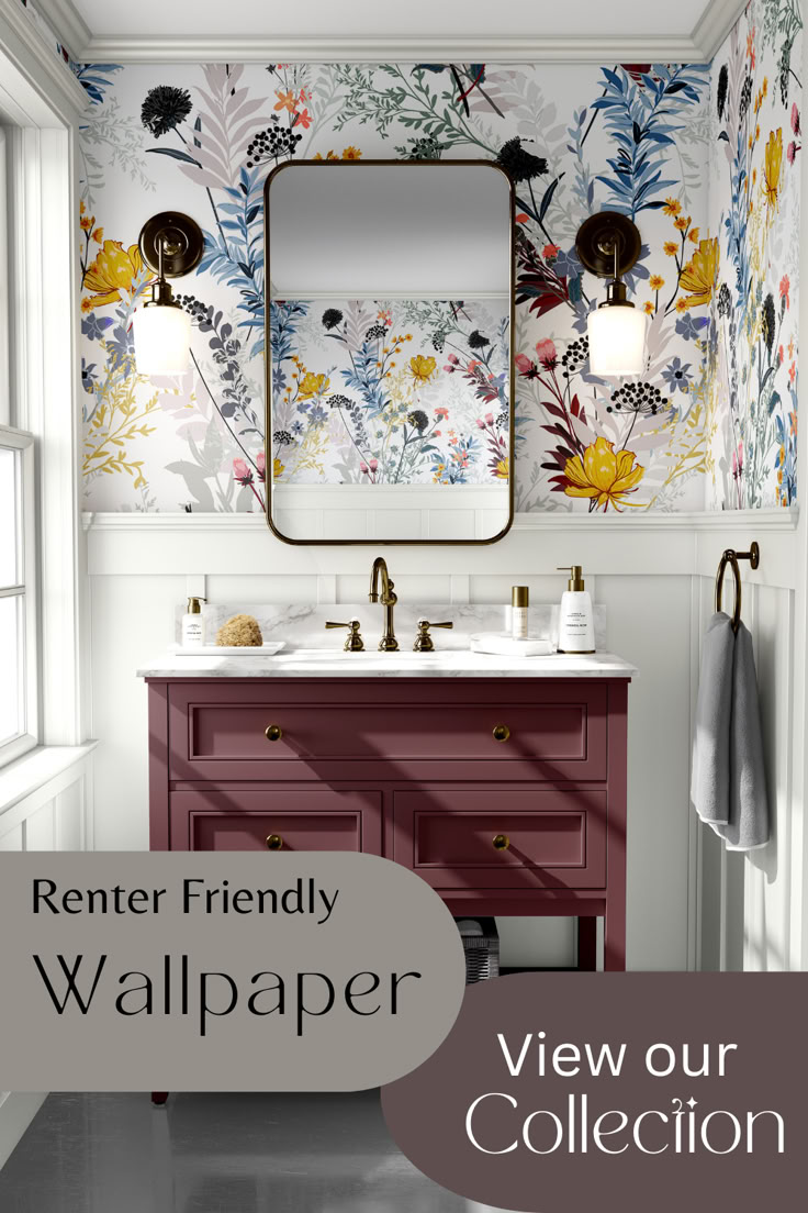 a bathroom with floral wallpaper and two sinks