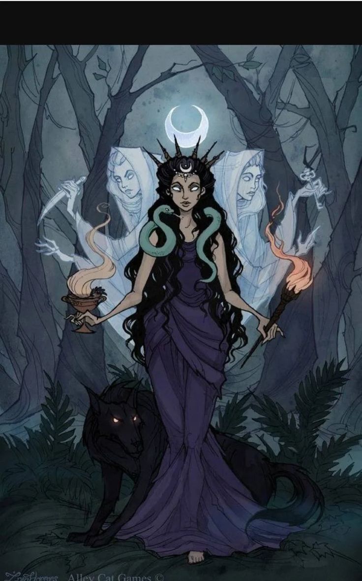 an illustration of a woman with horns and two cats standing in the woods, surrounded by trees