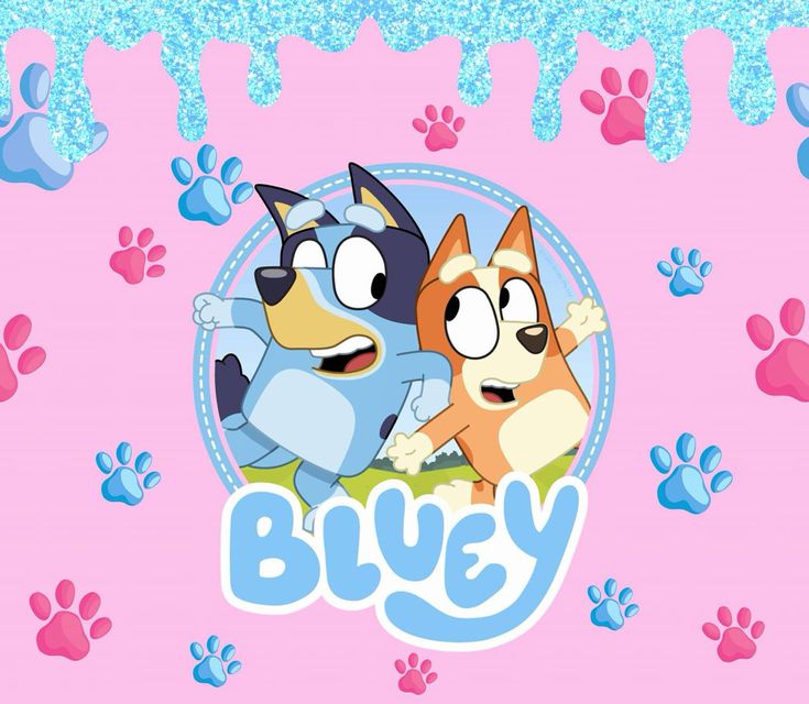 two cartoon dogs sitting next to each other on a pink background with blue paw prints