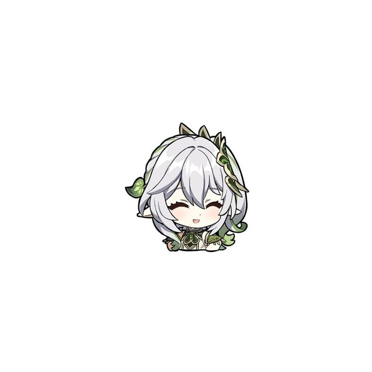 an anime character with white hair and green leaves on her head, sitting in front of a