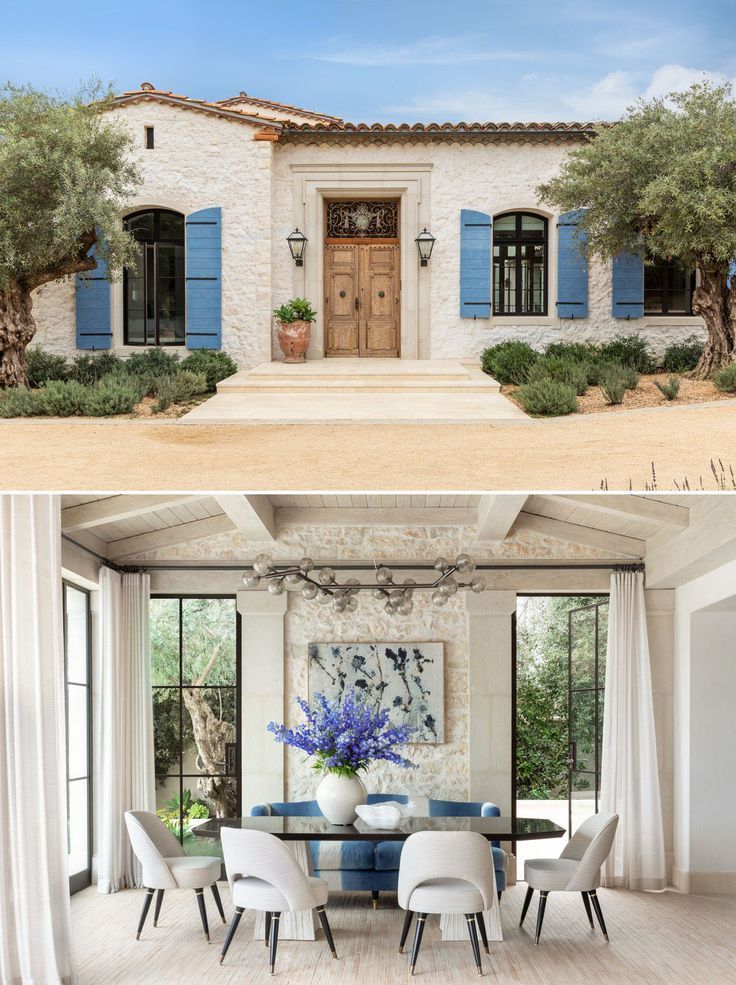 this is an image of a house with blue shutters