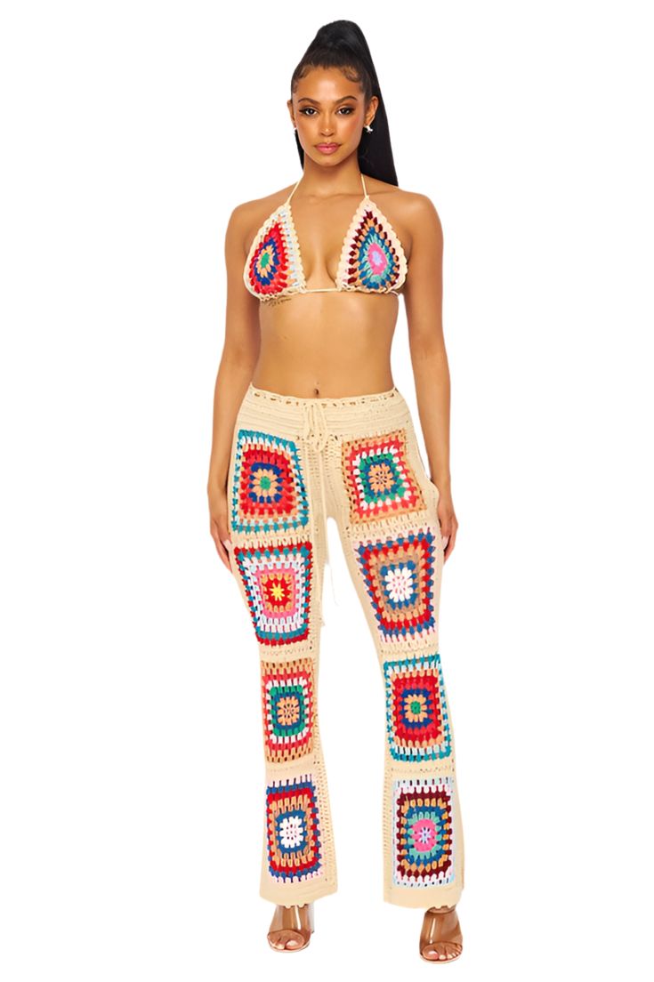 The Mali Crochet Pants Set is perfect for summer. It is crafted from high quality materials and features bright vibrant multi color crochet detailing. Perfect for vacations and summer concerts. 100% Acrylic Multicolor Pants For Beach And Spring Season, Multicolor Beach Pants For Spring, Multicolor Beach Pants For Beach Season, Multicolor Spring Beach Pants, Spring Multicolor Beach Pants, Colorful Long Pants For Summer, Multicolor Pants For Beach Vacation, Multicolor Pants For Vacation And Beach Season, Colorful Summer Bottoms