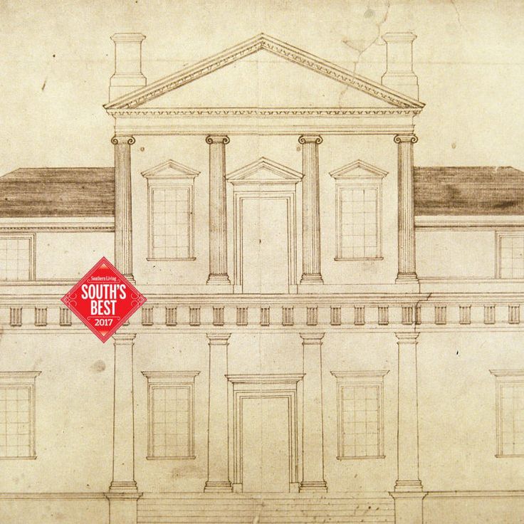 an old drawing of a building with columns and pillars on the front, along with a red stop sign