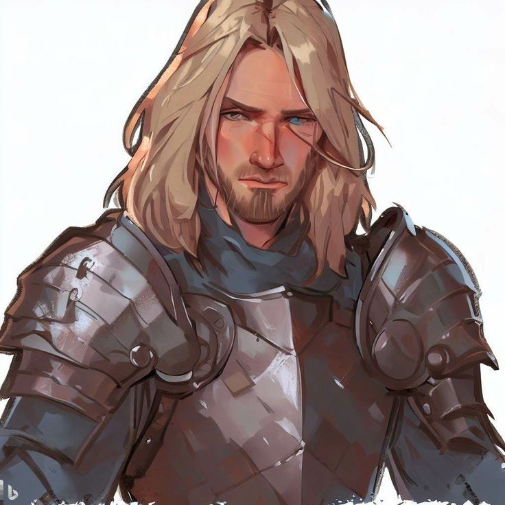 a drawing of a man in armor with long blonde hair