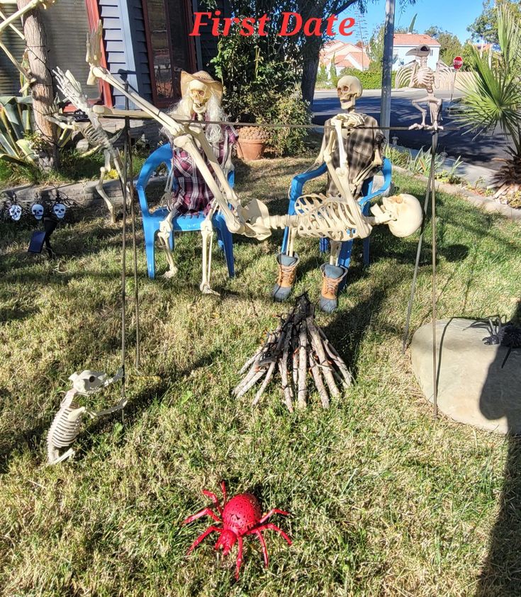 two skeletons sitting on chairs in the grass