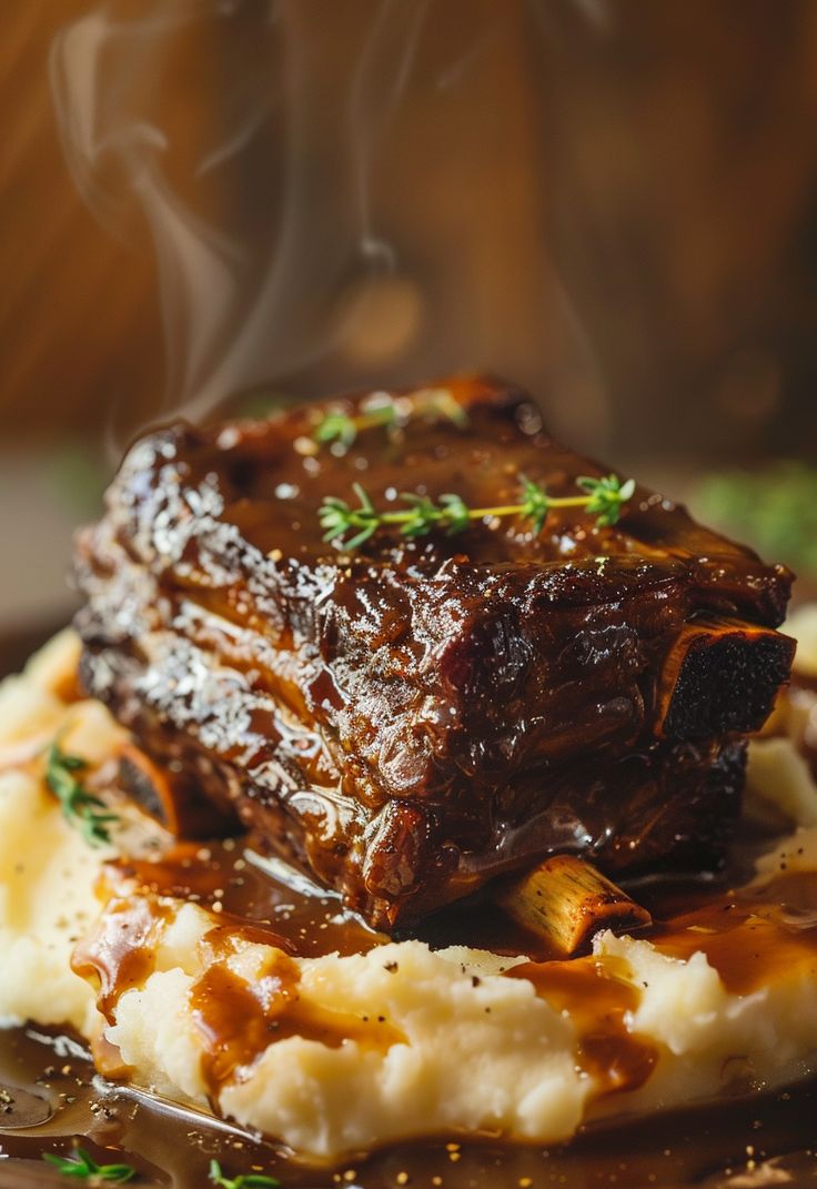 a plate topped with mashed potatoes covered in meat and gravy on top of it