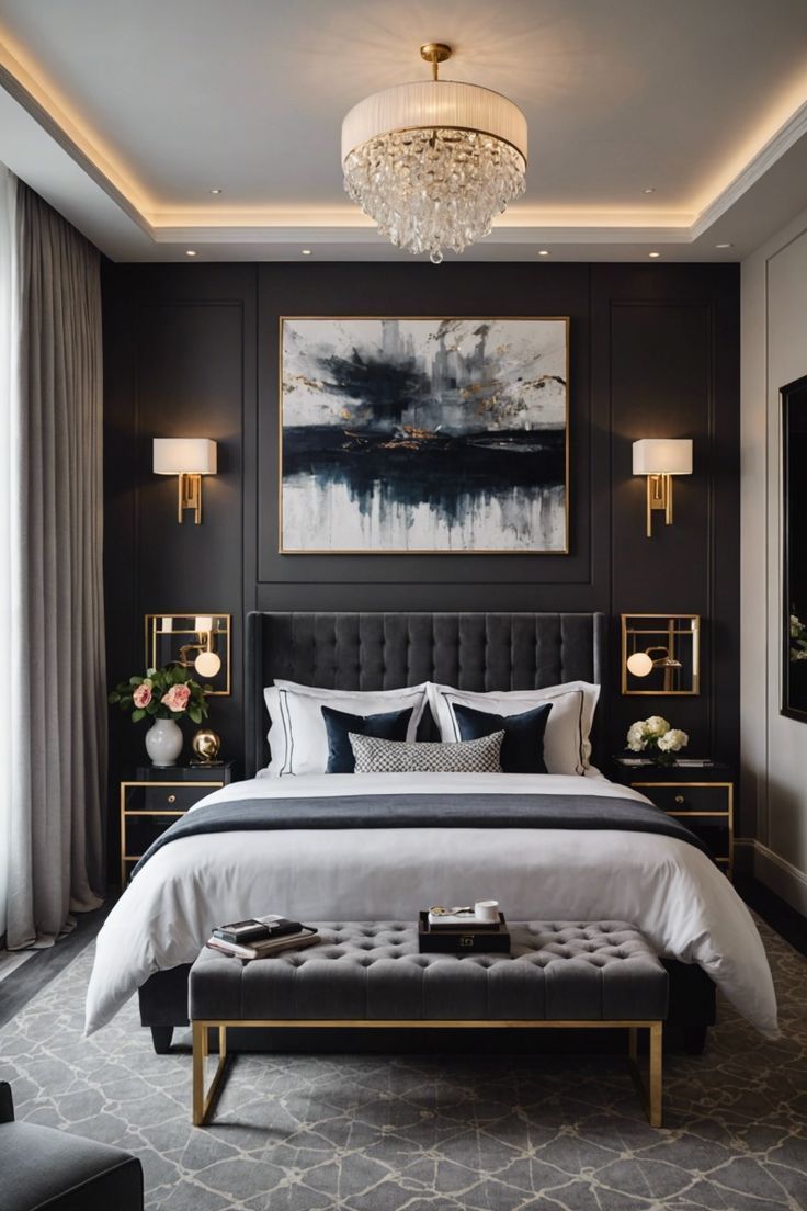 a bedroom with black walls and white bedding, chandelier, painting on the wall