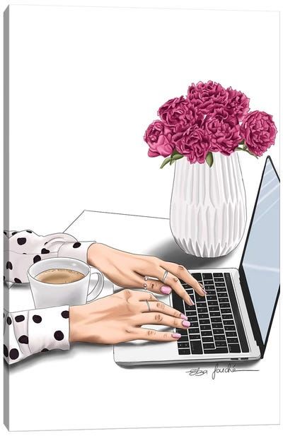 a woman's hands typing on a laptop computer next to a cup of coffee