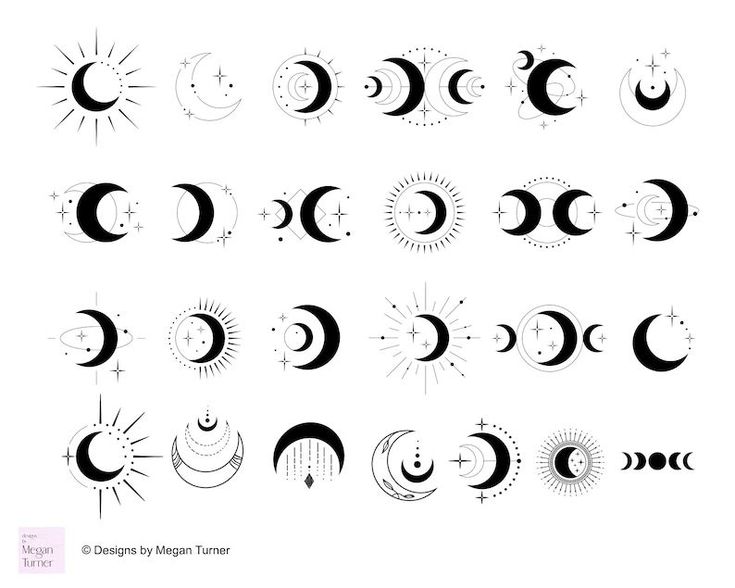 the phases of the sun and moon in black and white, on a white background