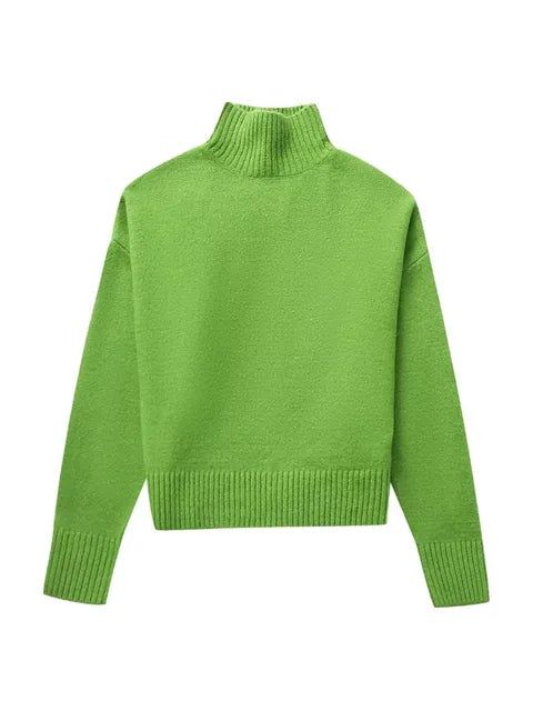 Featuring a turtleneck and loose knitted pullover, this long sleeve crop top is perfect for layering or wearing on its own. The oversized fit adds a trendy touch to your wardrobe. - Color: Green- Style: Sweater- Pattern Type: Solid- Sleeve Length: Long Sleeve- Neckline: Turtle neck- Material: Polyester- Closure Type: None- Fit Type Loose Fit- Occasion: Casual- Gender: Women-Size: Unit (cm)S: Length:57 Bust: 122 Shoulder: 61 Sleeve: 50M: Length: 58 Bust: 126 Shoulder: 62 Sleeve: 51L : Length: 59 Trendy Funnel Neck Sweater In Soft Knit, Trendy Oversized Soft Knit Turtleneck, Trendy Funnel Neck Soft Knit Sweater, Green Turtleneck Sweater With Ribbed Cuffs, Trendy Spring Knit Turtleneck, Chic Winter Cropped Sweater With Funnel Neck, Turtleneck Cropped Sweater With Ribbed Cuffs For Layering, Trendy High Neck Turtleneck With Ribbed Cuffs, Winter Turtleneck Cropped Sweater