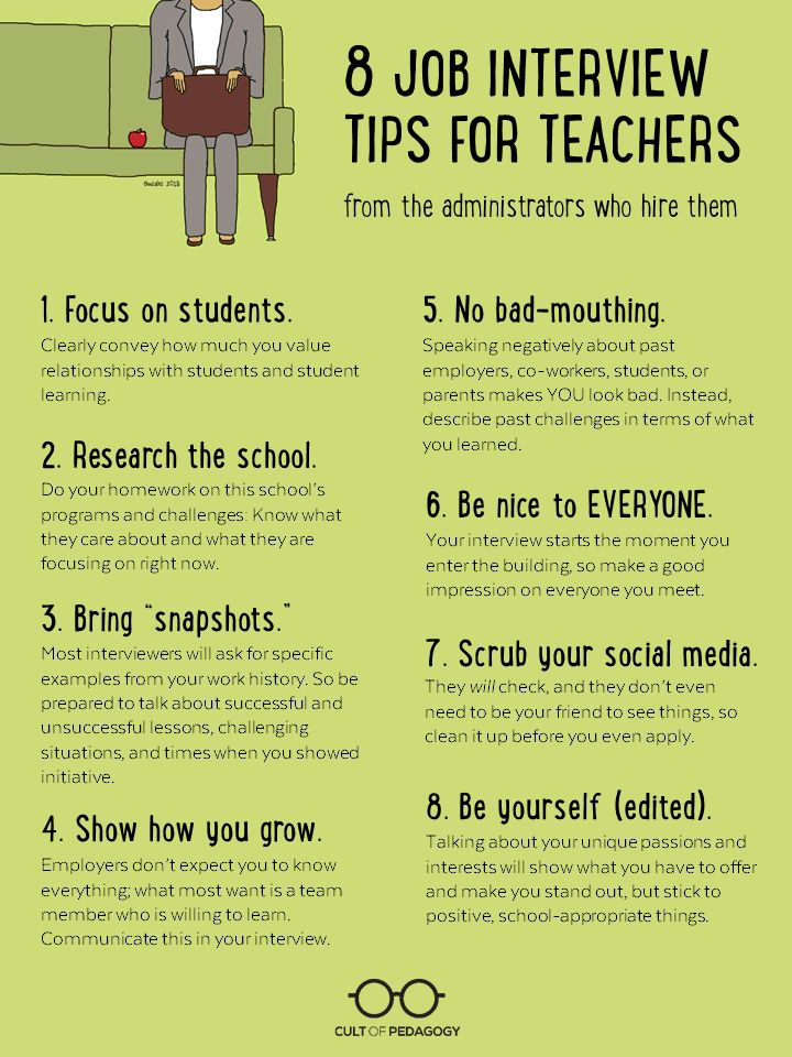 a green poster with instructions on how to use the job interview tips for teachers and students