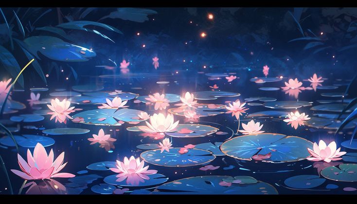 a pond filled with lots of water lilies