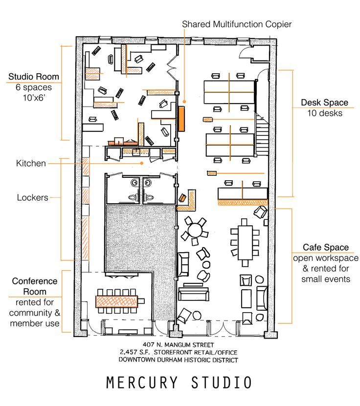 the floor plan for a restaurant with seating areas and other features, including an office area