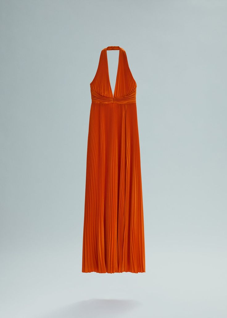 Pleated dress with knot detail - Woman | MANGO USA Backless Pleated Back Dress For Gala, Gala Pleated Back Backless Dress, Elegant Orange Maxi Dress For Date Night, Chic Orange Maxi Dress For Night Out, Chic Orange Cocktail Dress, Chic Pleated Back Backless Dress, Chic Pleated Backless Dress, Chic Backless Dress With Pleated Back, Elegant Orange Maxi Dress For Formal Occasions