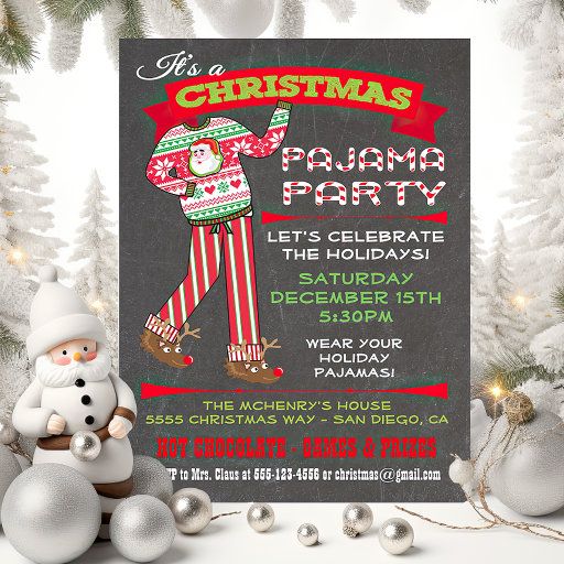 a christmas party flyer with a snowman and santa clause holding a sign that reads it's a christmas pajama party