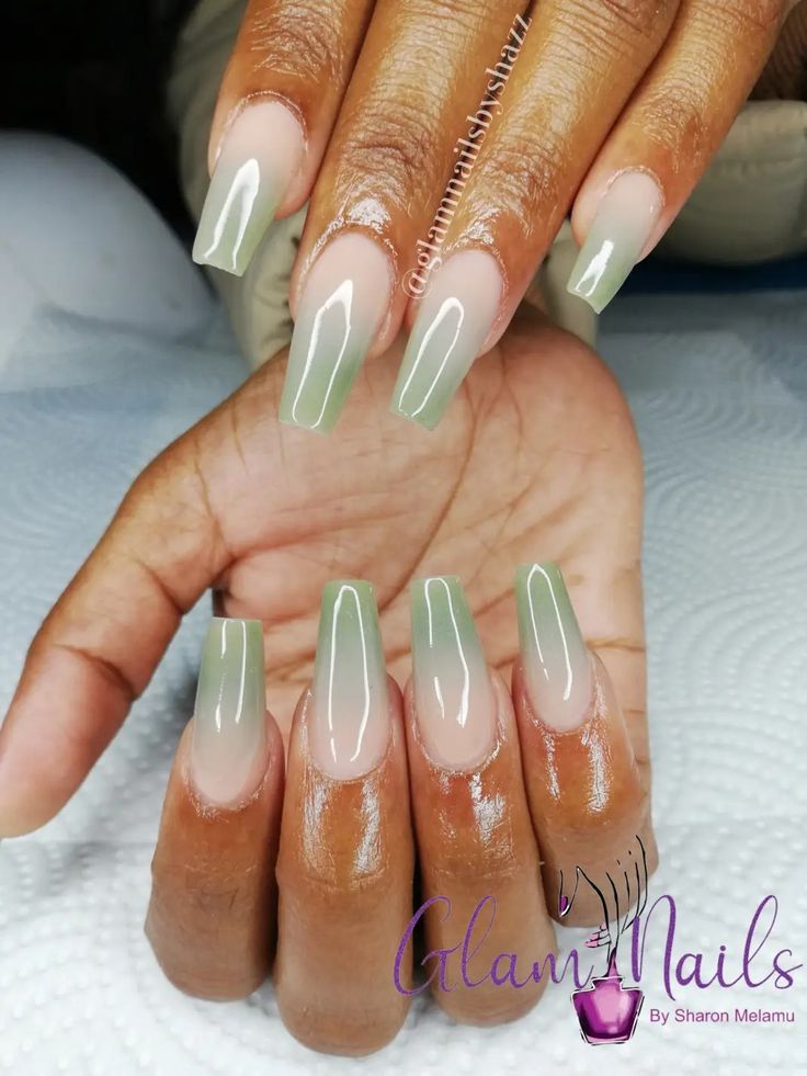 Ombre Nail Green, Light Green Nails Ombre, Sage Green And White Almond Nails, Sage Green Nails Ombre, Green French Ombre Nails, Jade Ombre Nails, Sage Green Ballerina Nails, Sage Green Ombré Nails, Peach And Sage Nails