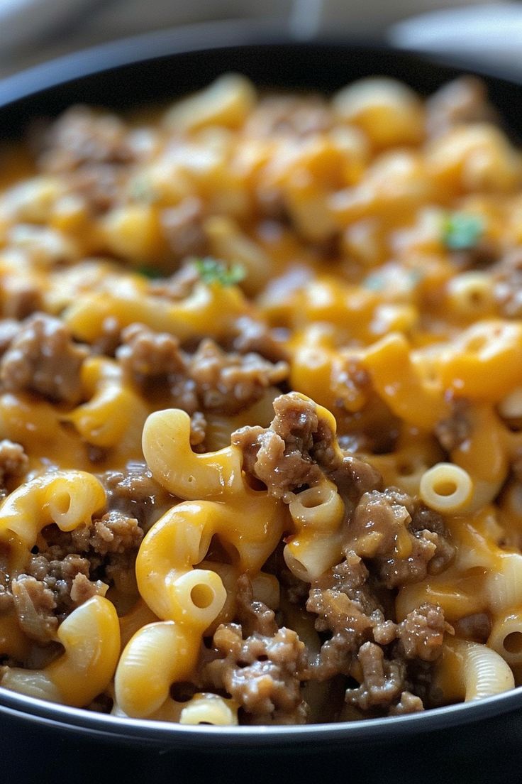 a skillet filled with macaroni and cheese