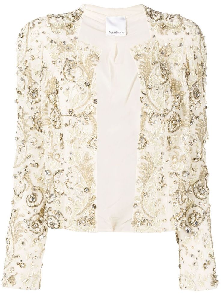 baroque-embellished cardigan from ZUHAIR MURAD featuring ivory white, silk blend, knitted construction, baroque-pattern print, crystal embellishment, faux-pearl embellishment, front button fastening and long sleeves. | ZUHAIR MURAD Baroque-Embellished Cardigan Gold Cardigan, Pearl Embellishment, Embellished Cardigan, Baroque Pattern, Nice Clothes, Designer Products, Zuhair Murad, Womens Designer Fashion, Crystal Embellishment