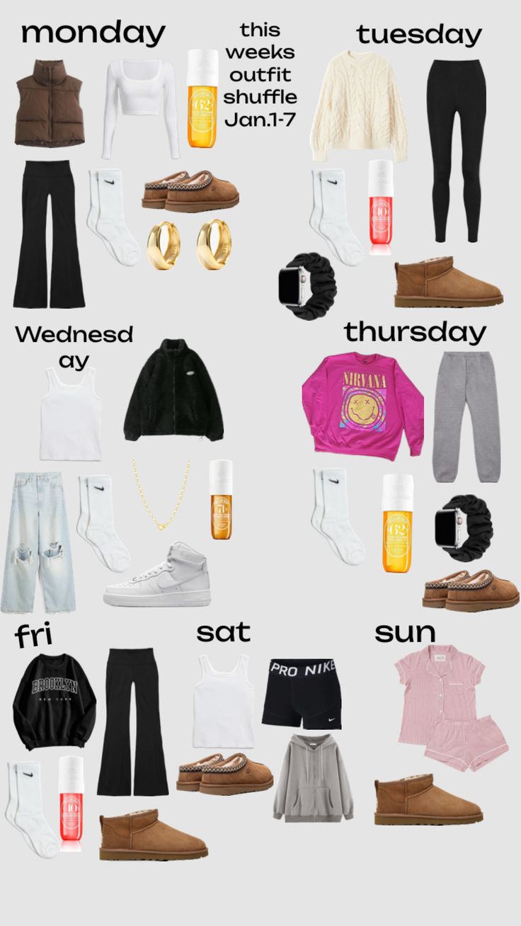 this weeks January’s outfits! Outfit For Everyday Of The Week, Normal School Outfits, Weekly Outfit Planner For School, Outfits For Everyday Of The Week, Outfits For Days Of The Week, Day Of The Week Outfits, Week Of Outfits For School, Outfit Ideas For The Week, Outfits For The Week School