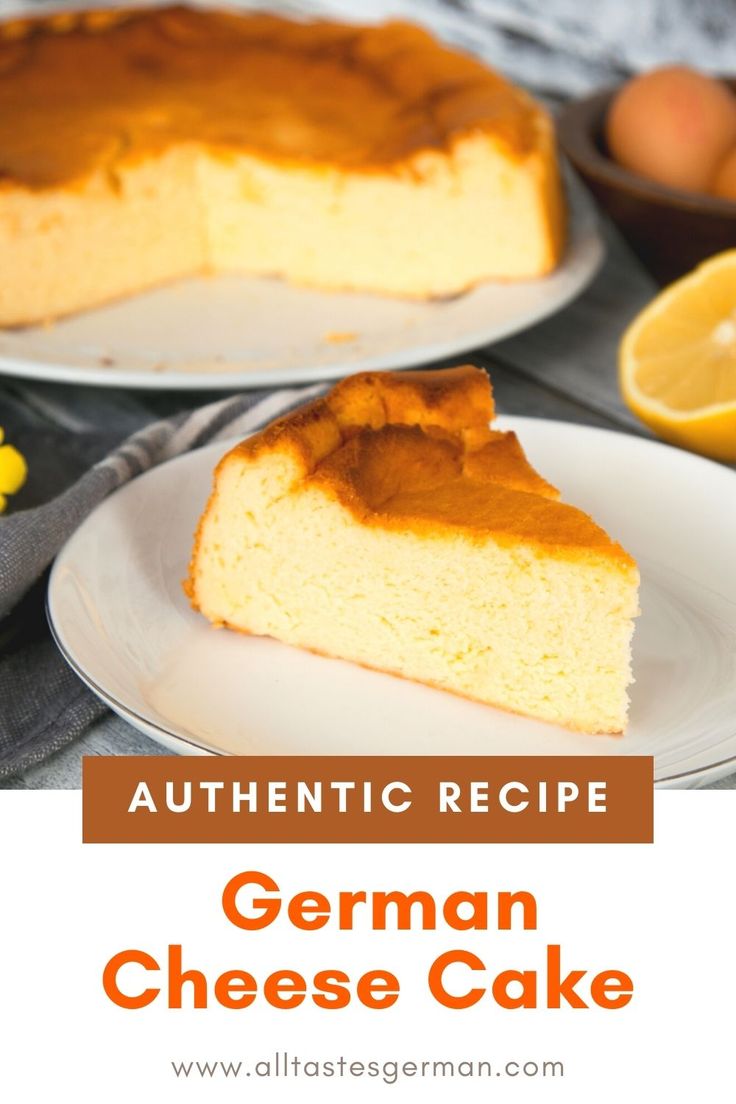 piece of authentic German cheesecake on a white plate and a cheesecake on a serving platter in the background German Foods Authentic, Bavarian Cheesecake Recipes, German Baked Cheesecake, German Cheesecake Recipe, European Cheesecake, German Dessert, German Desserts Authentic, German Baked Goods, German Recipes Authentic