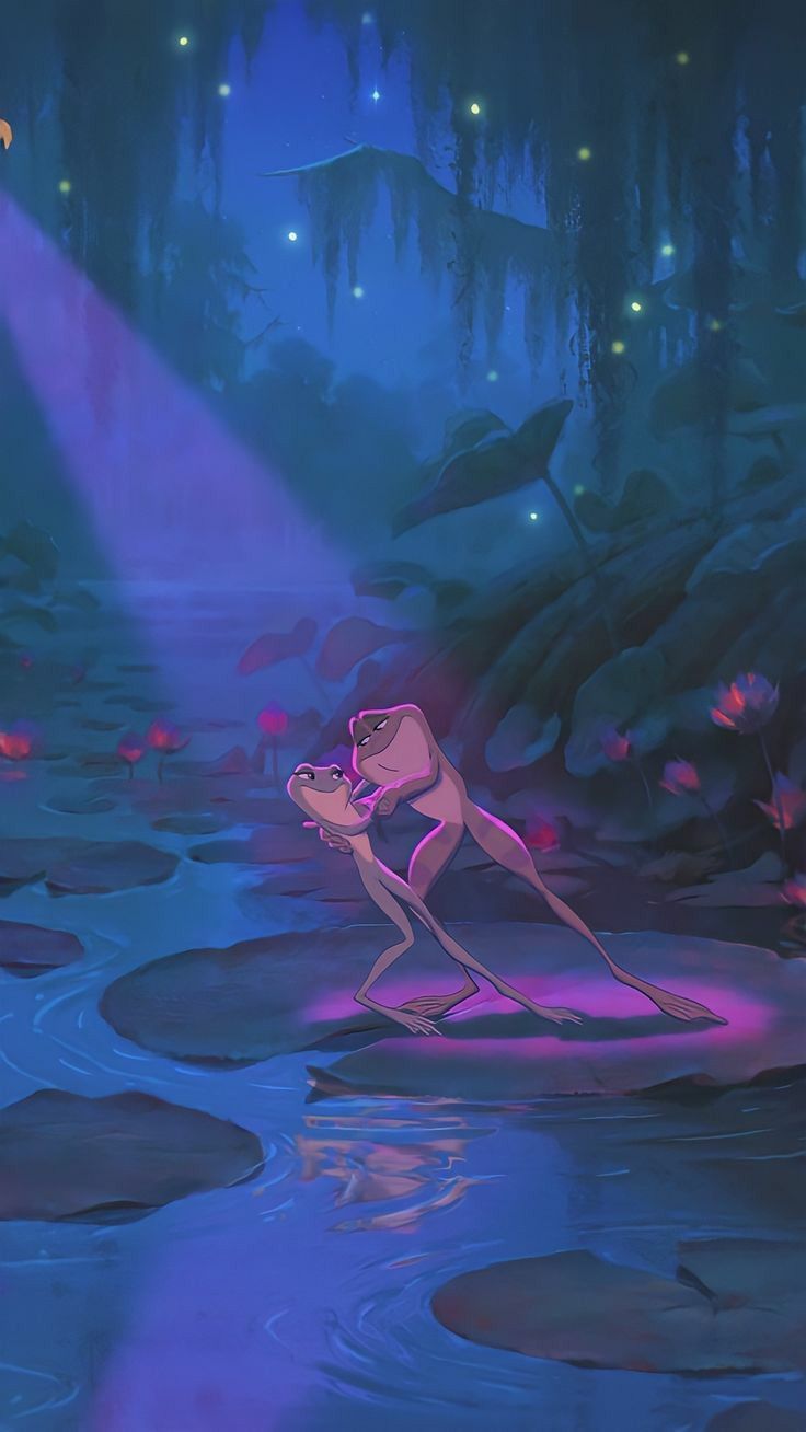 the frog is standing on its hind legs in the water, and it's glowing purple