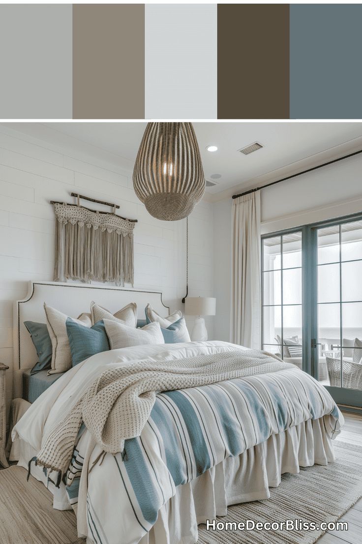 a bedroom with white walls and blue accents