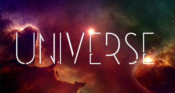 an image of the word universe written in white on a background of space and stars