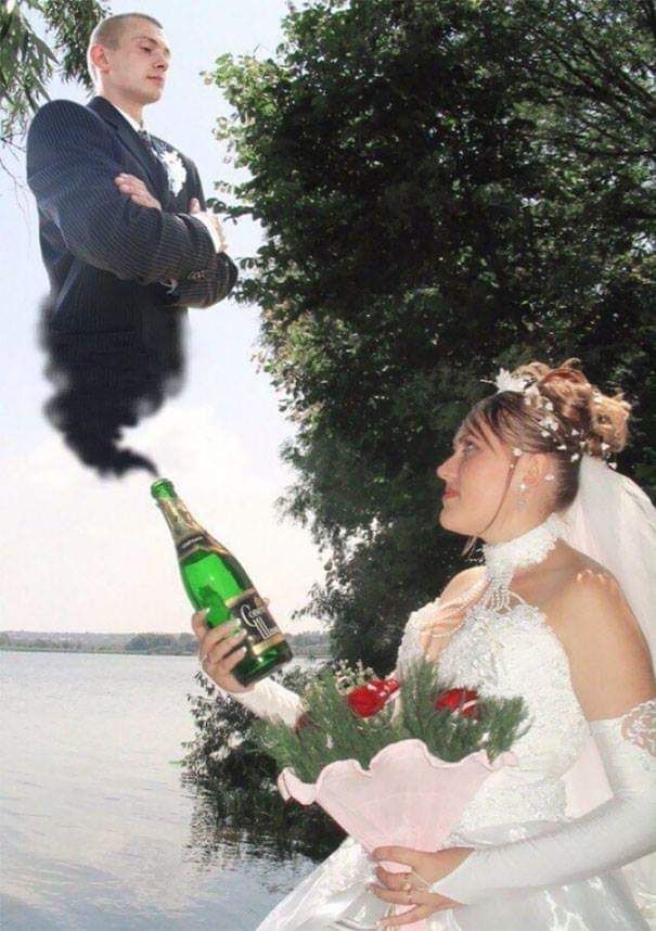 a man in a suit and tie holding a bottle of beer next to a woman in a wedding dress