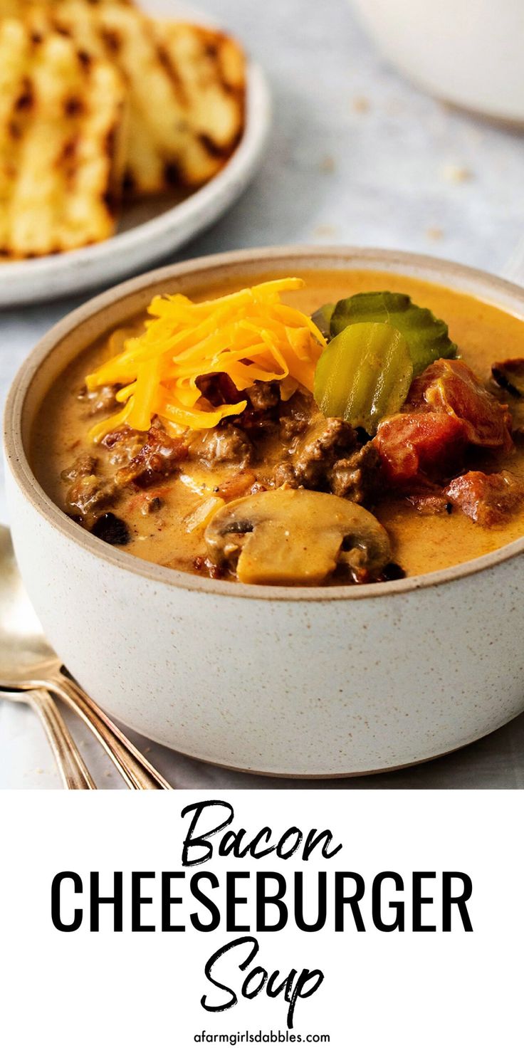 a bowl of bacon cheeseburger soup with crackers on the side