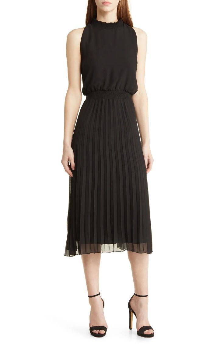 Sam Edelman Smocked Plissé Midi Dress | Nordstrom Flare Cocktail Dress, Cocktail Dress Nordstrom, Fit And Flare Cocktail Dress, Sleeveless Midi Dress, Eliza J, Satin Gown, Dress The Population, A Line Gown, Formal Attire