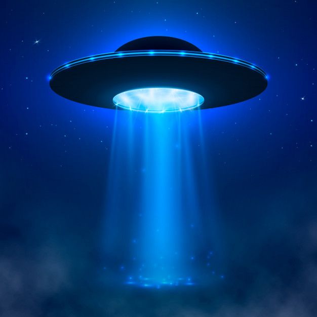 an alien spaceship flying through the sky with blue light coming from it's center