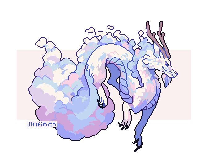 a pixellated image of a dragon with its tail curled up and wings spread out