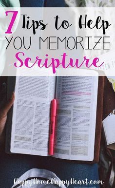 a person reading a book with the title 7 tips to help you memoize scripture